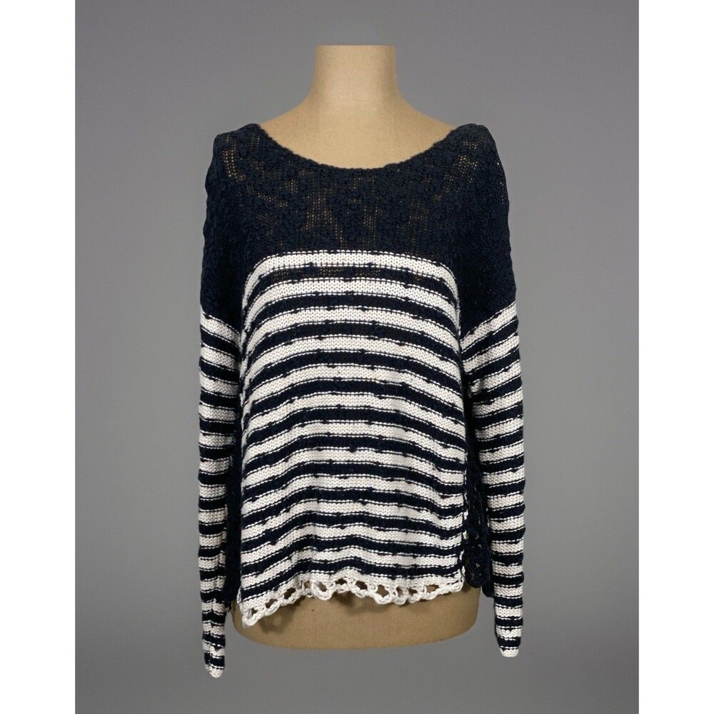 Free People Boho Chunky Knit Striped Black White Pullover Sweater Women’s XS